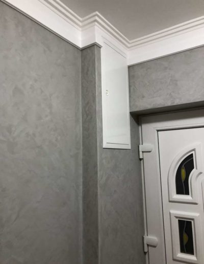 Cementový povrch pandomo s jemným dekorem šedivý dům Česká Lípa pohled na vstupní dveře